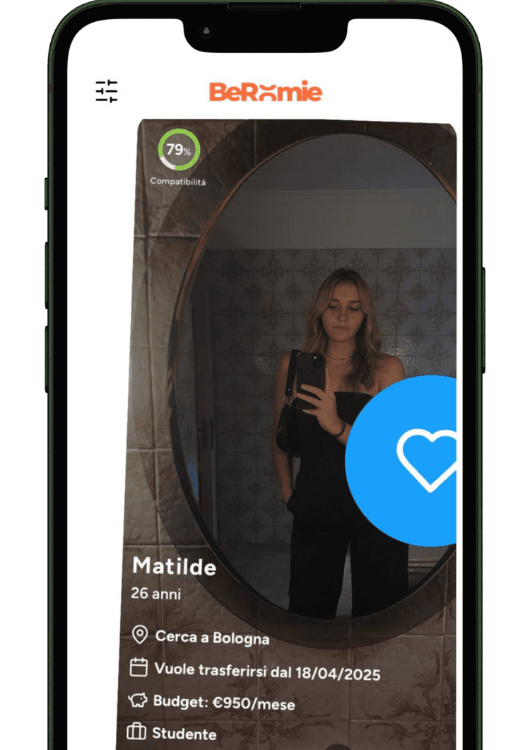 Interfaccia dell'app di abbinamento coinquilini BeRoomie che mostra le funzionalità di compatibilità dello stile di vita